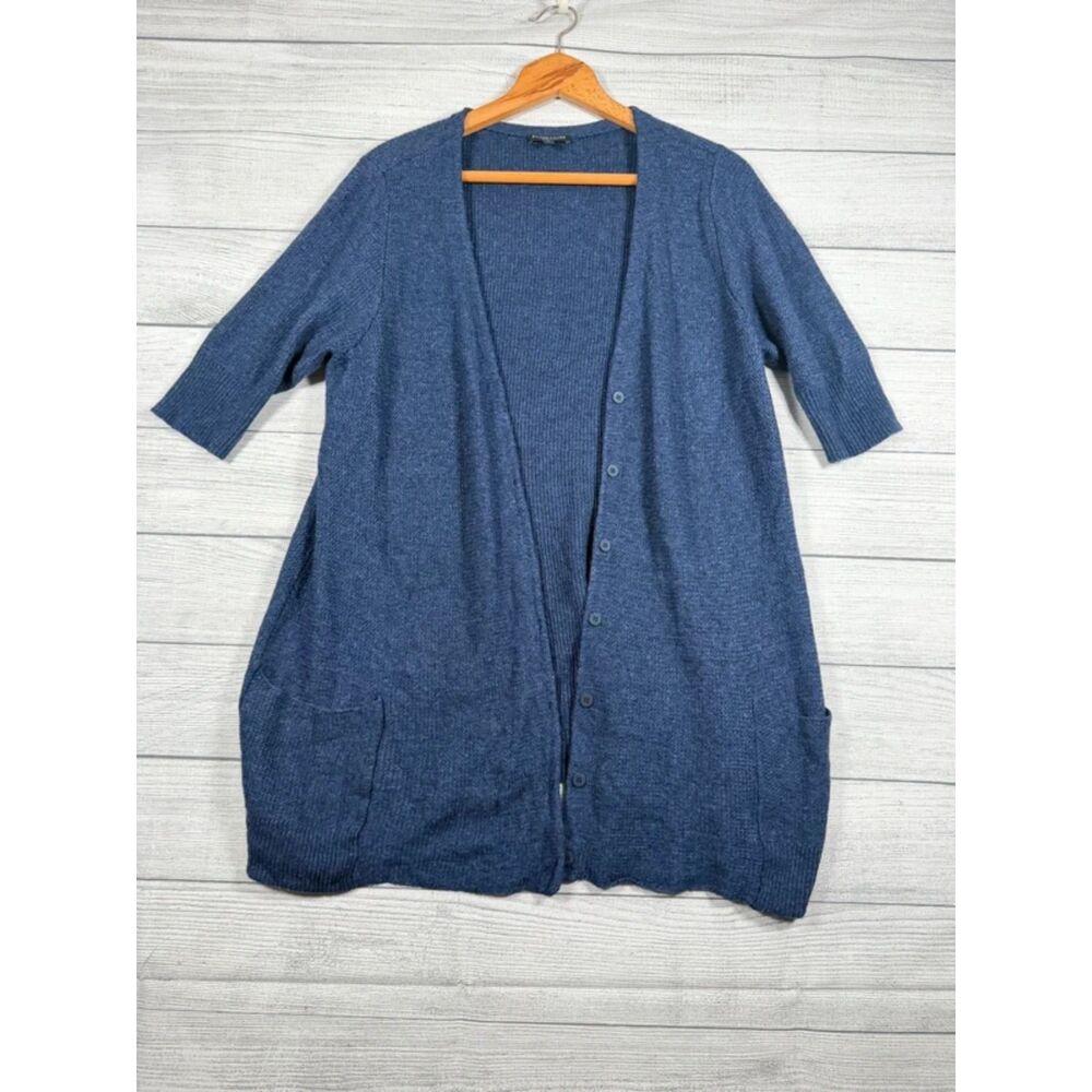 Eileen Fisher Woman 1X Blue Wool Silk Cashmere Button Cardigan Sweater 4264